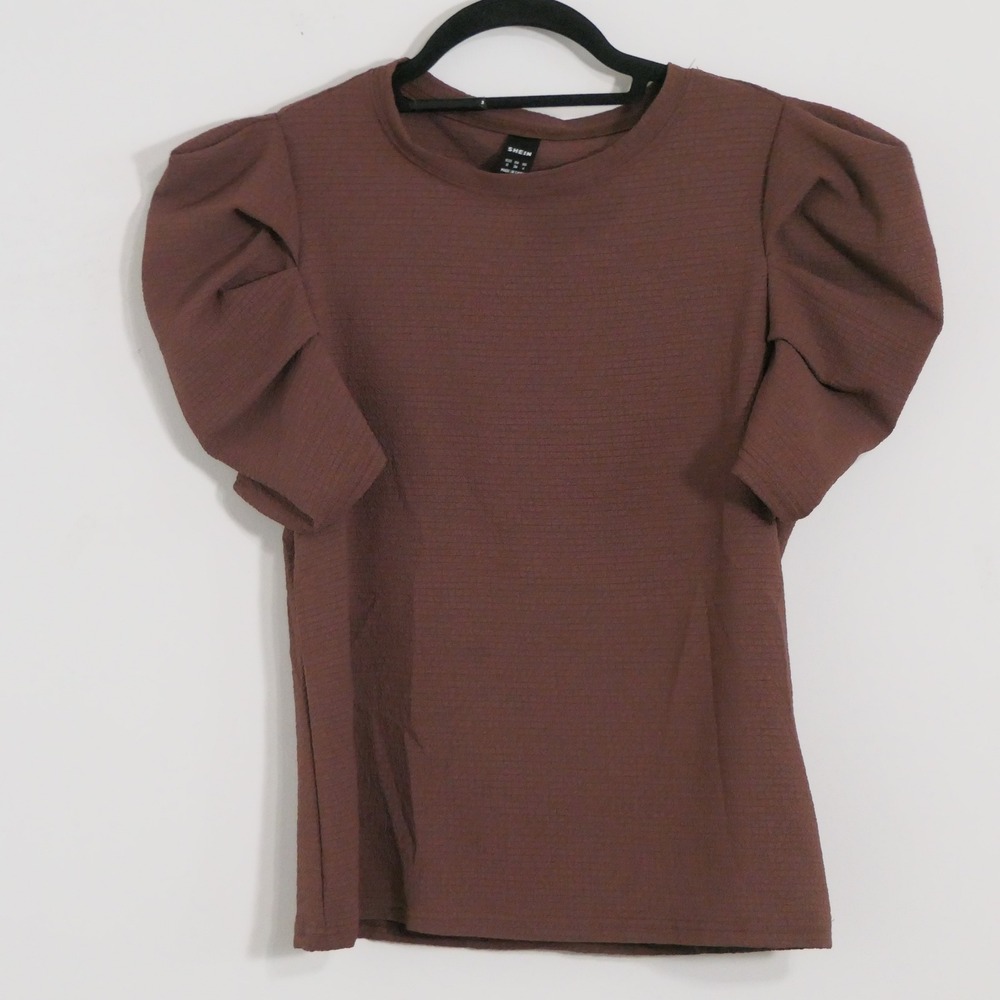 Womens Puff Sleeve Top S Brown Textured Pleated Shoulder JIT13833549 Feminine